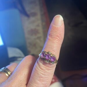 Three stone purple alexandrite ring yellow gold over sterling silver